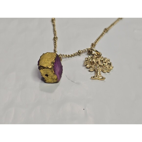 Dorothy Brand Gold Toned Necklace With Tree & Purple Block Charm & Earrings Set - Picture 4 of 8